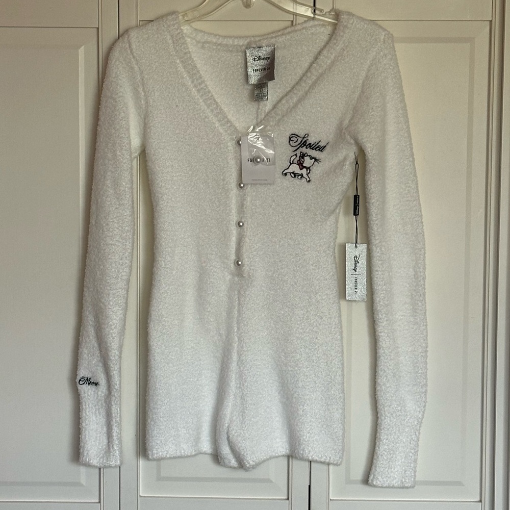 Forever 21 White Long Sleeve Knit Sleep Romper with Embroidery